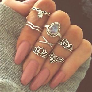 7 pc Silver Lotus Gemstone Midi Ring Set